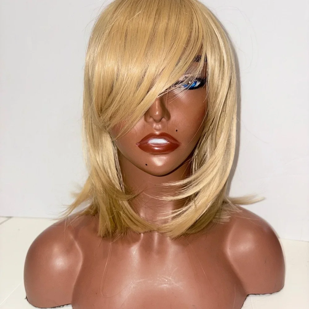 Blonde Shoulder Length Layered Bob Wig with Curtain Bangs Synthetic Hair